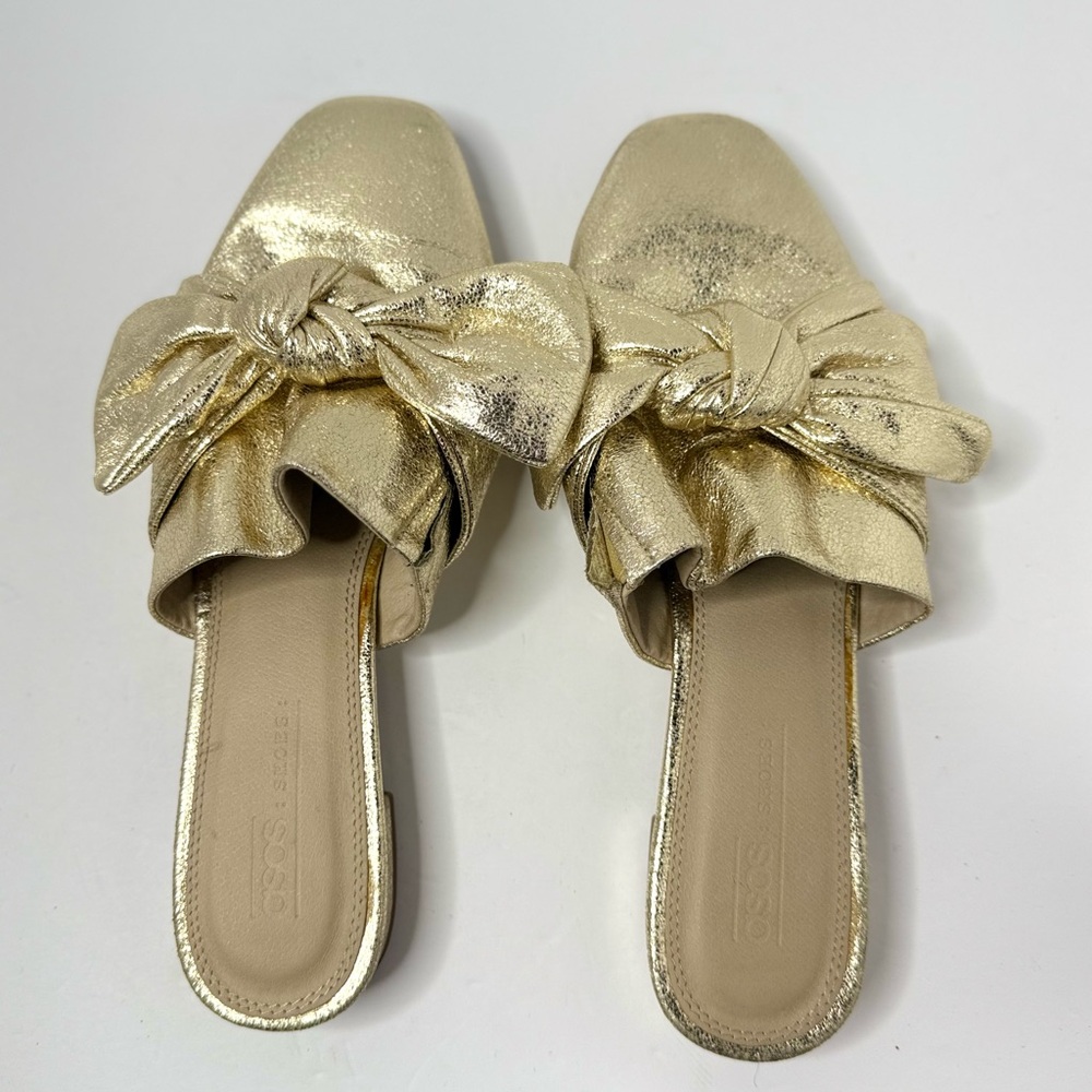 ASOS Metallic Gold Bow Mules Flats Size 6